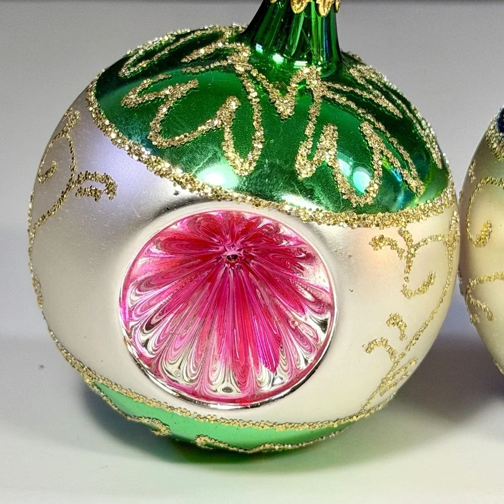 VTG Columbia Mercury Glass Triple Reflector Christmas Ornaments Set of 2 MCM